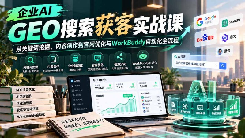 企业AI GEO搜索获客实战课:从关键词挖掘、内容创作到官网优化与WorkBuddy自动化全流程-初遇资源网