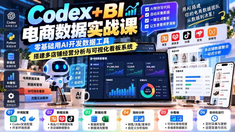 Codex+BI电商数据实战课:零基础用AI开发数据工具,搭建多店铺经营分析与可视化看板系统-初遇资源网