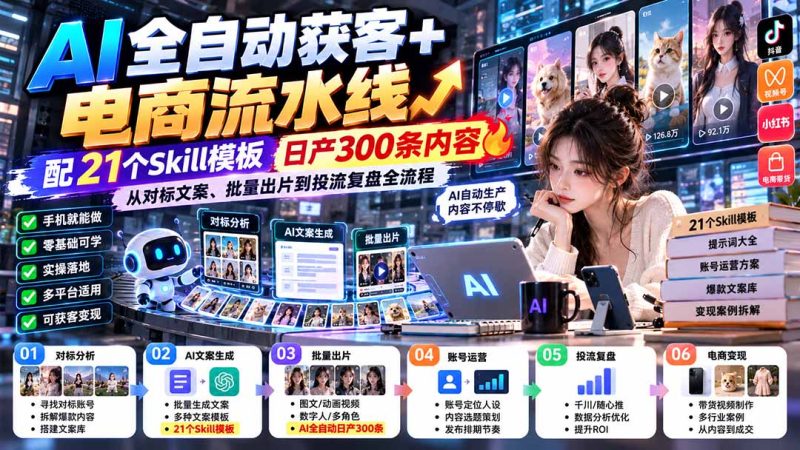 AI全自动获客+电商流水线：配21个Skill模板，日产300条内容，从对标文案、批量出片到投流复盘全流程-初遇资源网