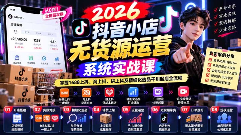 2026抖音小店无货源运营系统实战课:掌握1688上抖、淘上抖、拼上抖及精细化选品千川起店全流程-初遇资源网