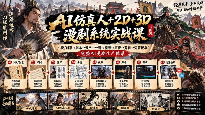 AI仿真人+2D+3D漫剧系统实战课:小说/创意→剧本→资产→分镜→视频→声音→剪辑→运营接单,完整AI漫剧生产体系-初遇资源网