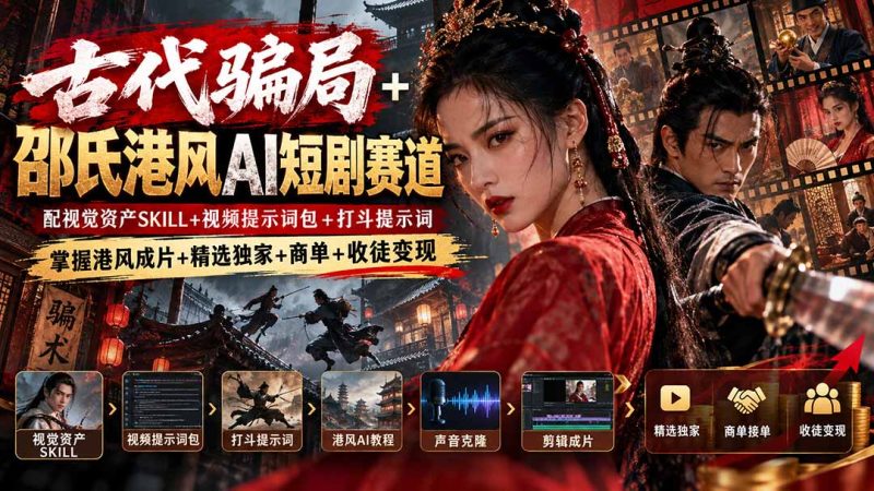 古代骗局+邵氏港风AI短剧赛道:配视觉资产SKILL+视频提示词包+打斗提示词,掌握港风成片+精选独家+商单+收徒变现-初遇资源网
