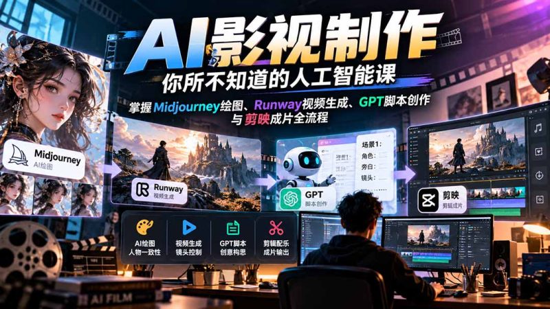AI影视制作-你所不知道的人工智能课,掌握Midjourney绘图、Runway视频生成、GPT脚本创作与剪映成片全流程-初遇资源网