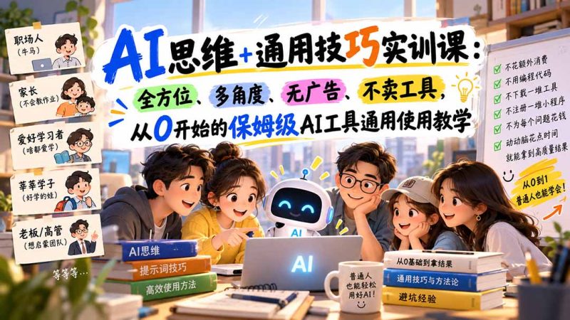 AI思维+通用技巧实训课:全方位、多角度、无广告、不卖工具,从0开始的保姆级AI工具通用使用教学-初遇资源网