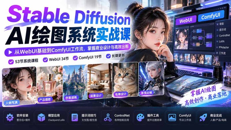 Stable Diffusion AI绘图系统实战课:从WebUI基础到ComfyUI工作流,掌握商业设计与高效出图-初遇资源网