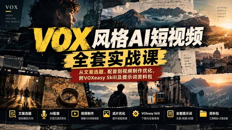 【无水印】VOX风格AI短视频全套实战课:从文案选题、配音到视频制作优化,附VOXeasy Skill及提示词资料包-初遇资源网