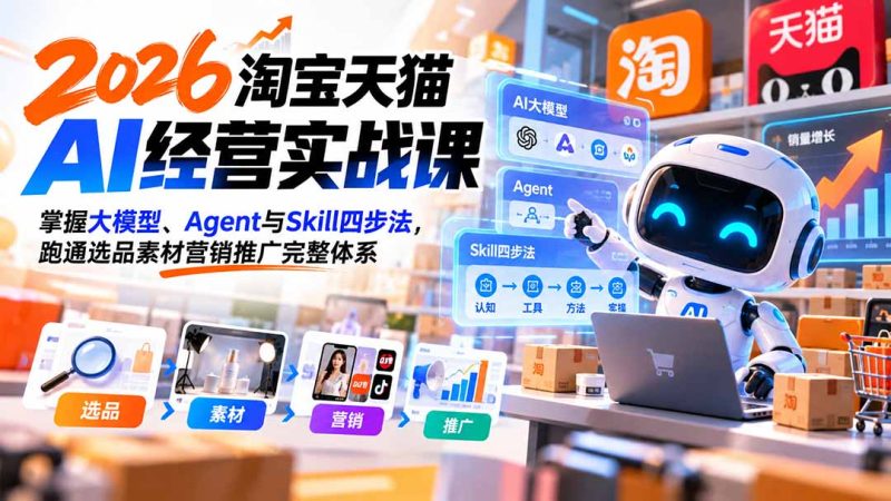 【无水印】2026淘宝天猫AI经营实战课:掌握大模型、Agent与Skill四步法,跑通选品素材营销推广完整体系-初遇资源网