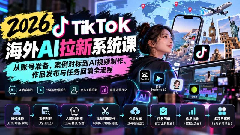 【无水印】2026 TikTok海外AI拉新系统课:从账号准备、案例对标到AI视频制作、作品发布与任务回填全流程-初遇资源网