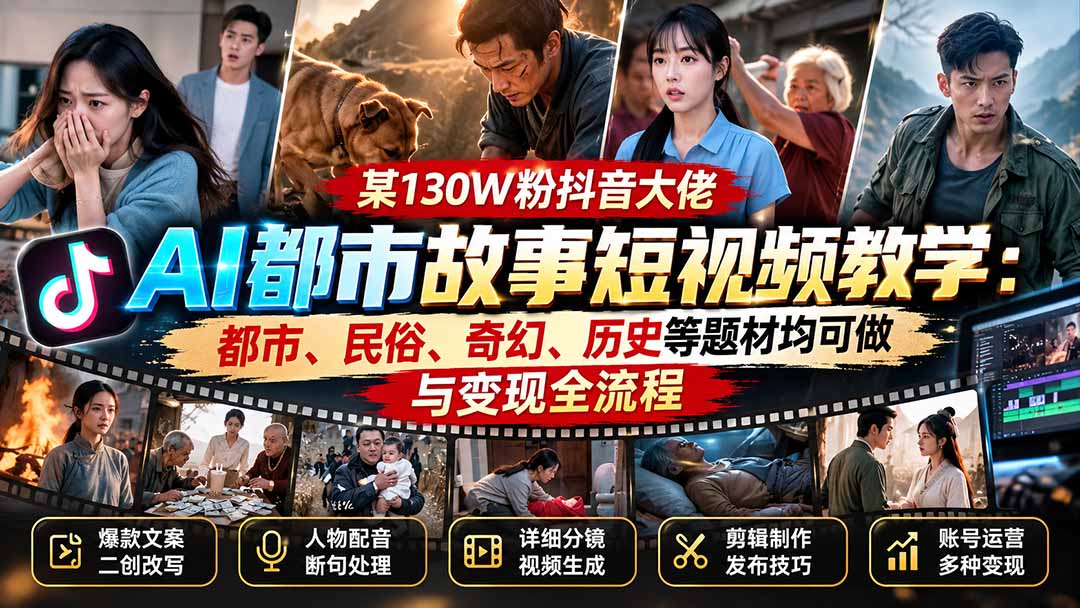 某130W粉抖音大佬AI都市故事短视频教学：都市、民俗、奇幻、历史等题材均可做与变现全流程 - 中创网