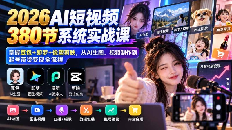 【无水印】2026AI短视频380节系统实战课:掌握豆包+即梦+像塑剪映,从AI生图、视频制作到起号带货变现全流程-初遇资源网
