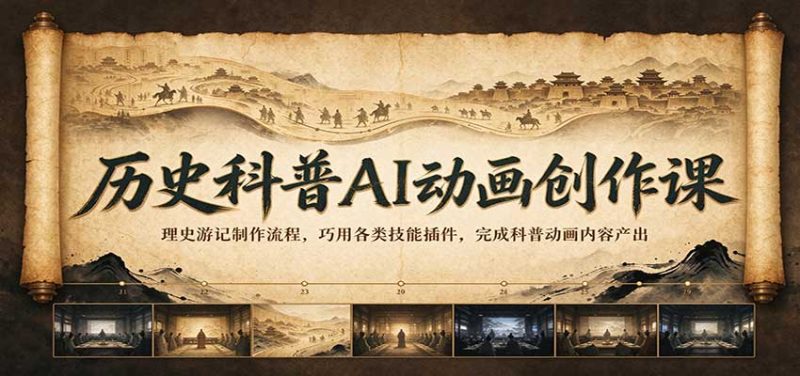 历史科普AI动画创作课：理史游记制作流程，巧用各类技能插件，完成科普动画内容产出-初遇资源网