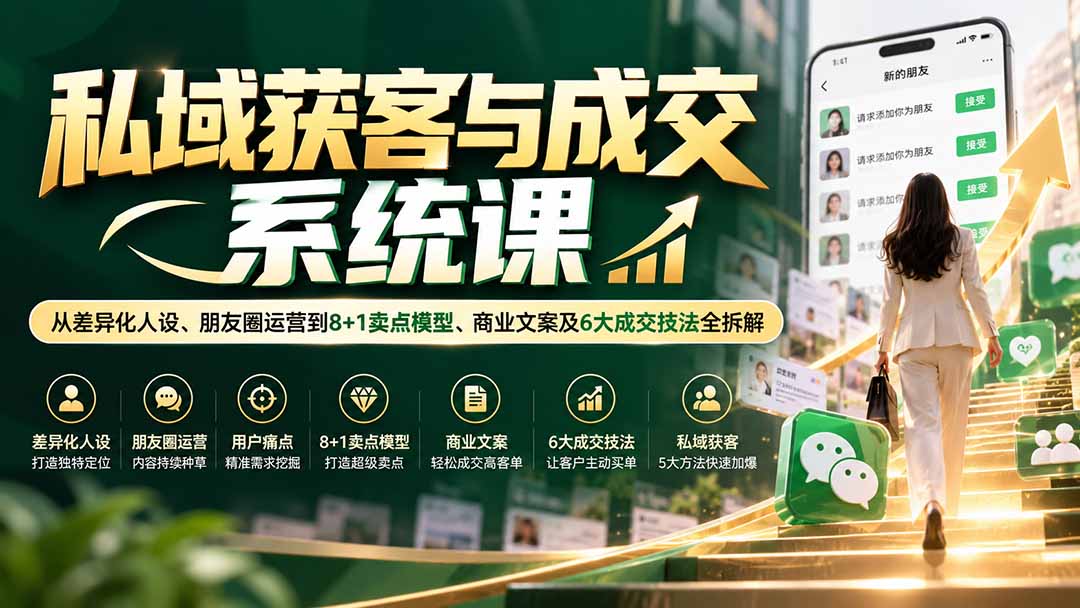 私域获客与成交系统课：从差异化人设、朋友圈运营到8+1卖点模型、商业文案及6大成交技法全拆解