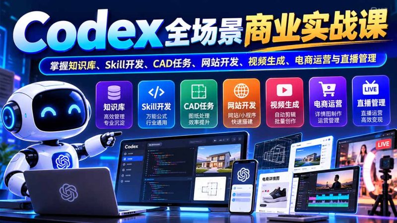 【无水印】Codex全场景商业实战课:掌握知识库、Skill开发、CAD任务、网站开发、视频生成、电商运营与直播管理-初遇资源网