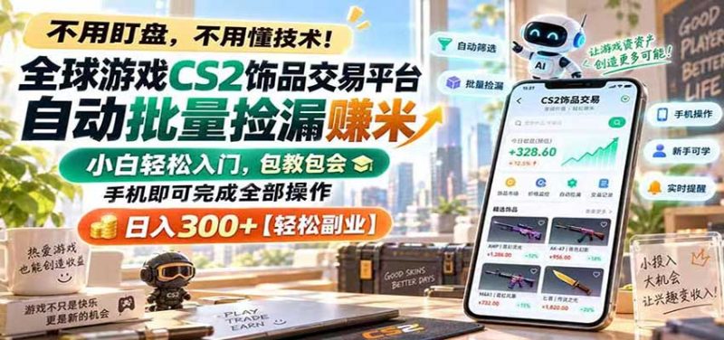 全球游戏CS2饰品交易平台自动批量捡漏赚米，手机即可完成全部操作，日入300+-初遇资源网