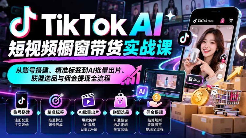 TikTok AI短视频橱窗带货实战课:从账号搭建、精准标签到AI批量出片、联盟选品与佣金提现全流程-初遇资源网