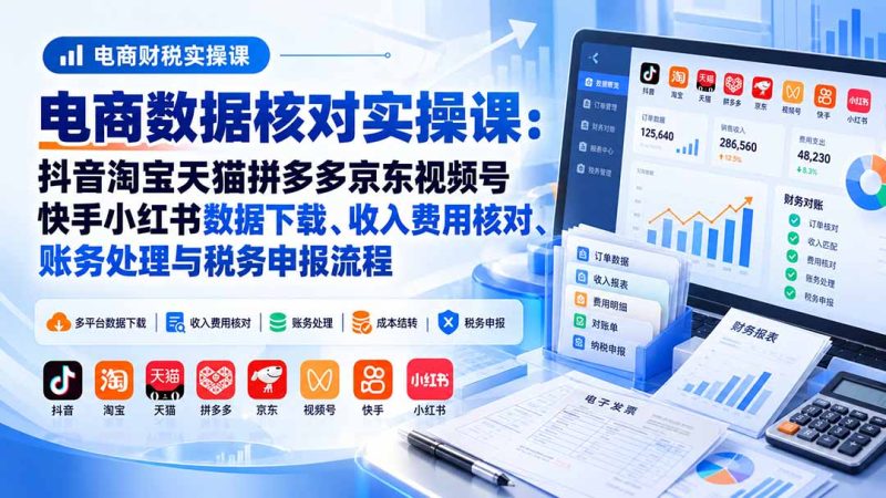 电商数据核账实操课:抖音淘宝天猫拼多多京东视频号快手小红书数据下载、收入费用核对、账务处理与税务申报流程-初遇资源网