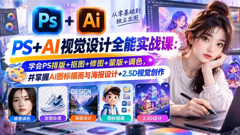 【无水印】PS+AI视觉设计全能实战课：学会PS排版+抠图+修图+蒙版+调色，并掌握AI图标插画与海报设计+2.5D视觉创作-初遇资源网
