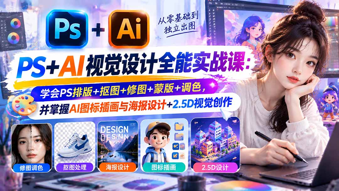 【无水印】PS+AI视觉设计全能实战课：学会PS排版+抠图+修图+蒙版+调色，并掌握AI图标插画与海报设计+2.5D视觉创作 - 中创网