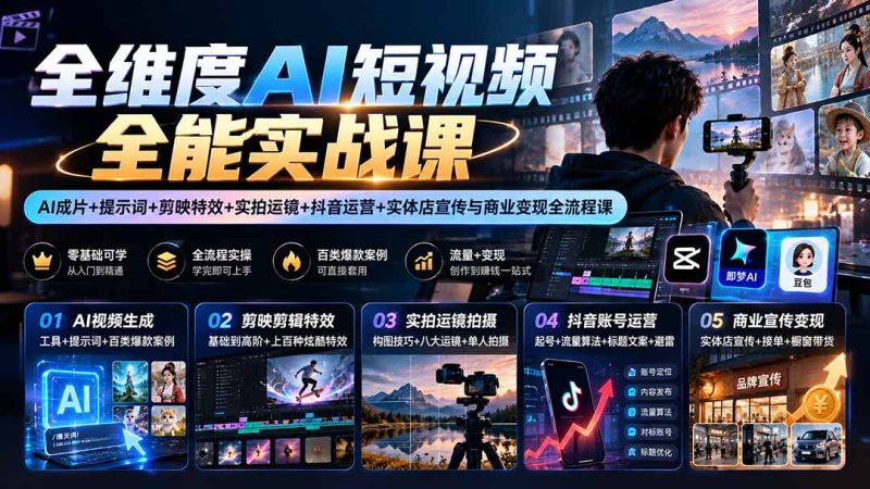 【无水印】全维度AI短视频全能实战课:AI成片+提示词+剪映特效+实拍运镜+抖音运营+实体店宣传与商业变现全流程课-初遇资源网