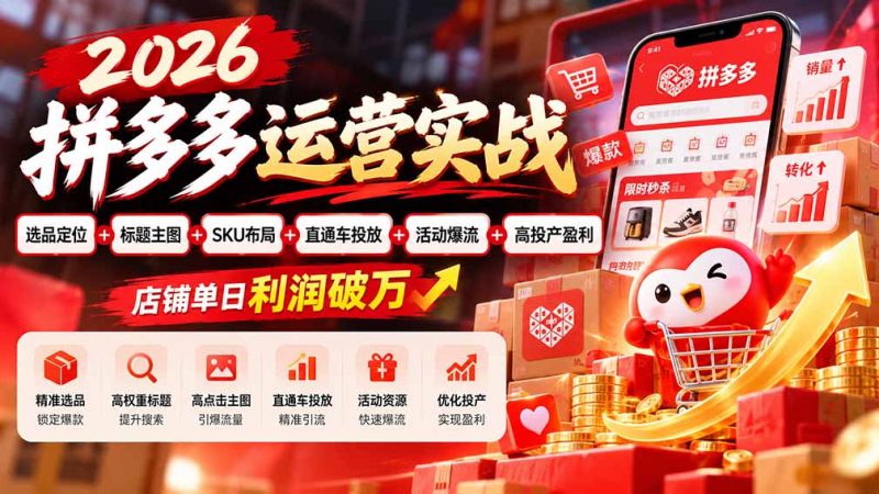 2026拼多多运营实战-更新1002:选品定位+标题主图+SKU布局+直通车投放+活动爆流+高投产盈利 店铺单日利润破万-初遇资源网