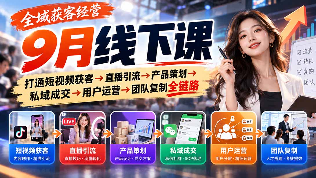 全域获客经营9月线下课：打通短视频获客→直播引流→产品策划→私域成交→用户运营→团队复制全链路 - 中创网