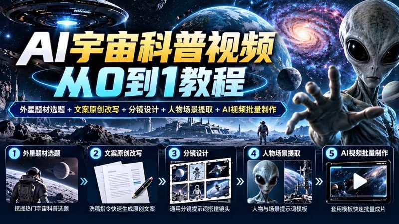 AI宇宙科普视频从0到1教程|外星题材选题+文案原创改写+分镜设计+人物场景提取+AI视频批量制作-初遇资源网