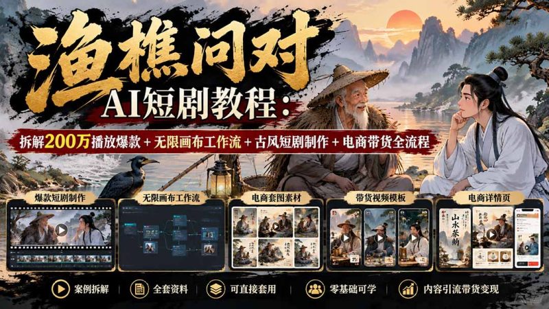 【无水印】渔樵问对AI短剧教程:拆解200万播放爆款+无限画布工作流+古风短剧制作+电商带货全流程-初遇资源网