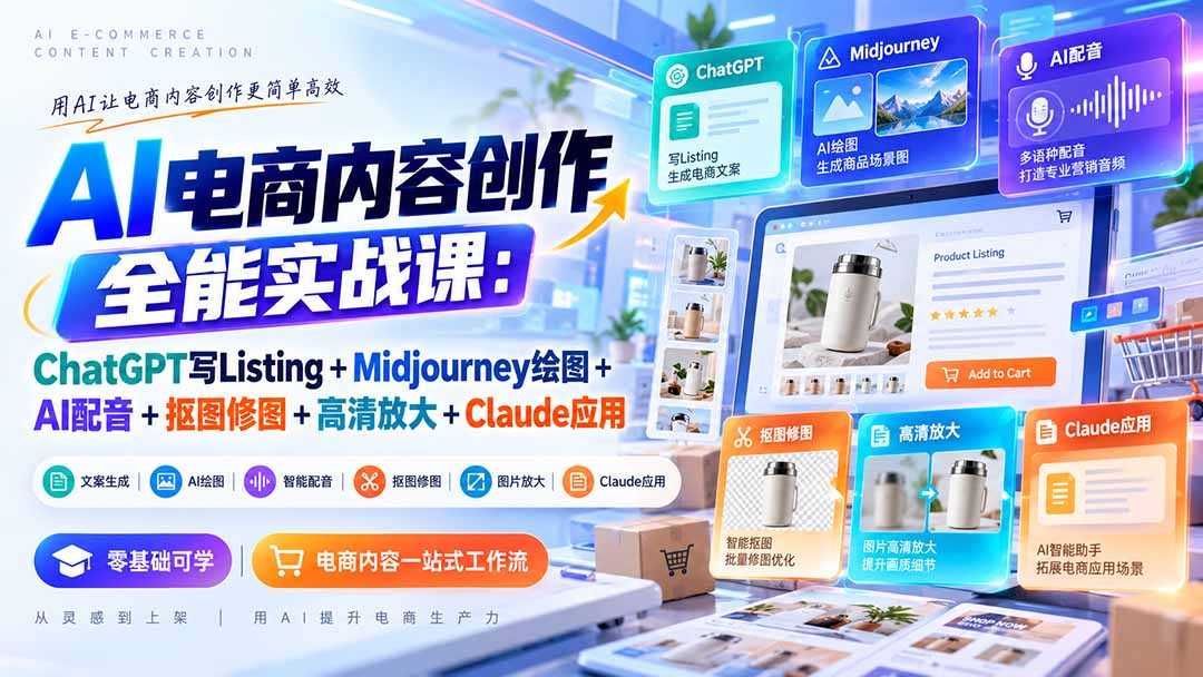 【无水印】AI电商内容创作全能实战课：ChatGPT写Listing+Midjourney绘图+AI配音+抠图修图+高清放大+Claude应用 - 中创网