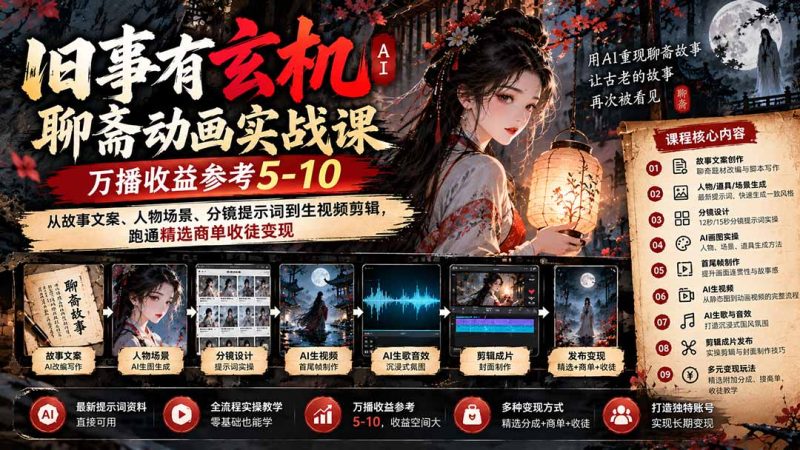 旧事有玄机AI聊斋动画实战9月新课:万播收益参考5-10,从故事文案、人物场景到分镜生视频,跑通精选商单收徒-初遇资源网