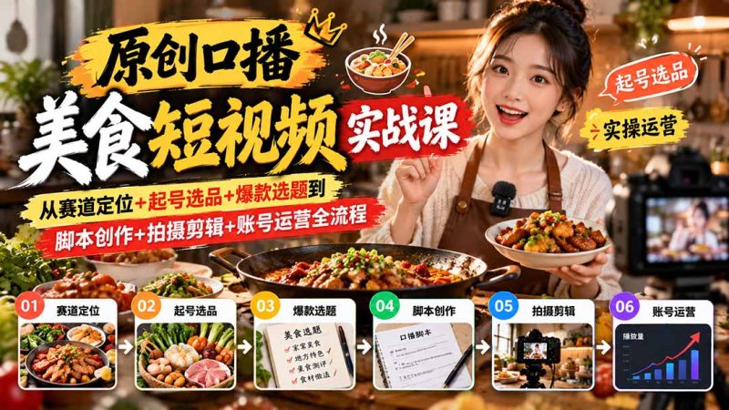 原创口播美食短视频实战课:从赛道定位+起号选品+爆款选题到脚本创作+拍摄剪辑+账号运营全流程-初遇资源网