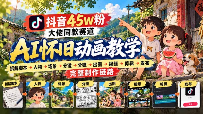 抖音45W粉大佬同款赛道AI怀旧动画教学:拆解脚本→人物→场景→分镜→出图→视频→剪辑→发布完整制作链路-初遇资源网