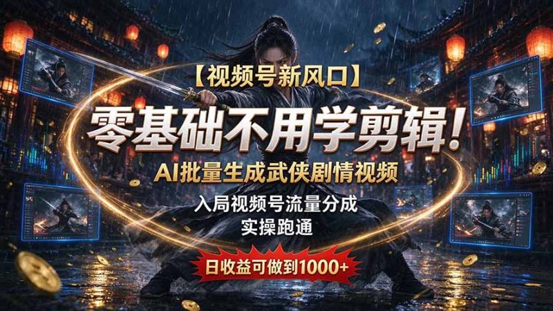 【视频号新风口】零基础不用学剪辑!AI 批量生成武侠剧情视频,入局视频号流量分成,实操跑通,日收益可做到 1000+-初遇资源网