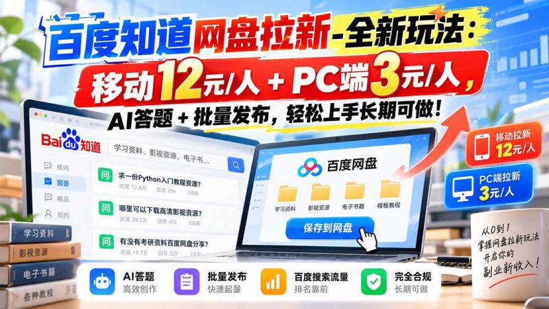 百度知道网盘拉新-全新玩法：移动12元/人+PC端3元/人，AI答题+批量发布，轻松上手长期可做！-初遇资源网