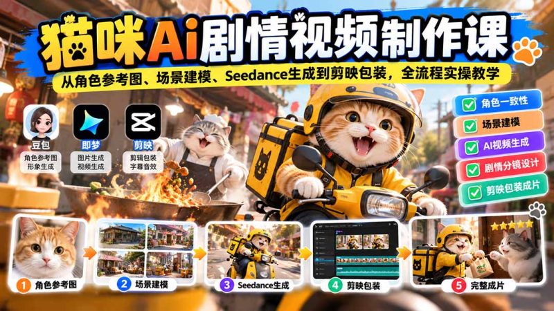 猫咪AI剧情视频制作课:从角色参考图、场景建模、Seedance生成到剪映包装,全流程实操教学-初遇资源网