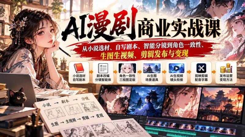 AI漫剧商业实战课:从小说选材、自写剧本、智能分镜到角色一致性、生图生视频、剪辑发布与变现-初遇资源网