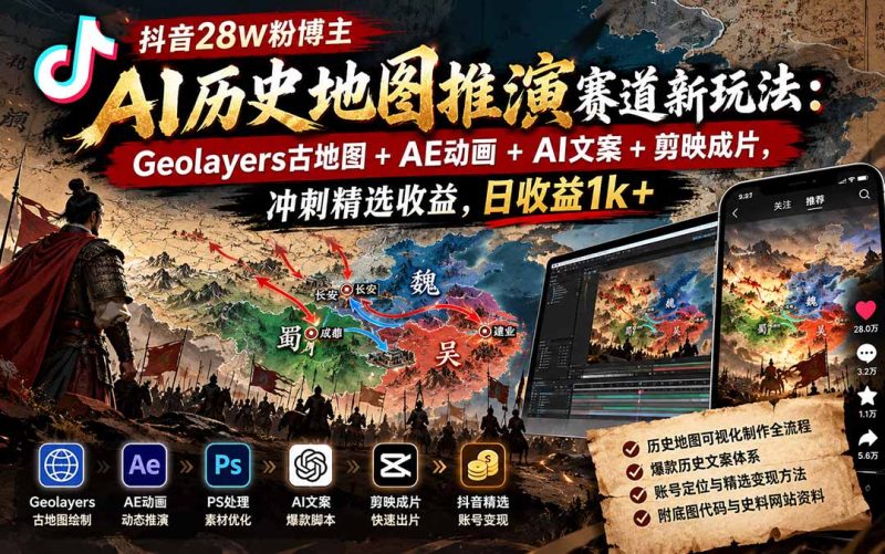抖音28W粉博主AI历史地图推演赛道新玩法:Geolayers古地图+AE动画+AI文案+剪映成片,冲刺精选收益,日收益1k+-初遇资源网