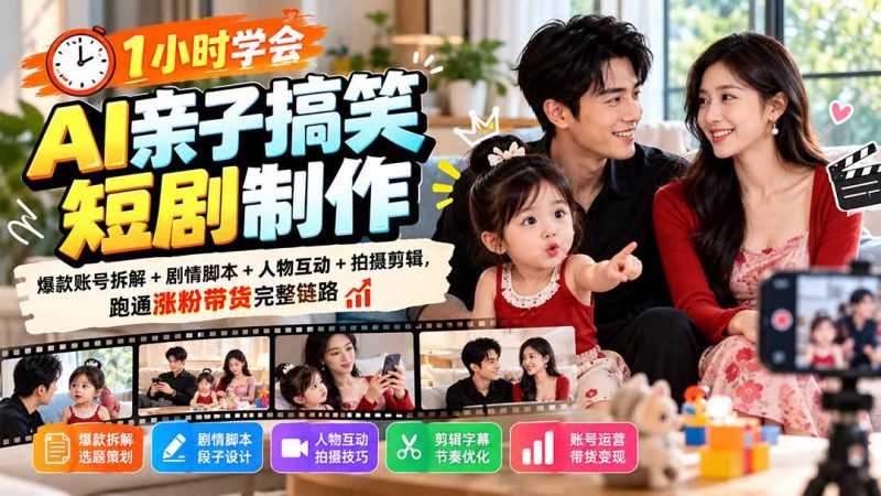 1小时学会AI亲子搞笑短剧制作:爆款账号拆解+剧情脚本+人物互动+拍摄剪辑,跑通涨粉带货完整链路-初遇资源网