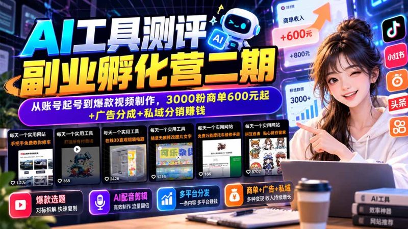 AI工具测评副业孵化营二期:从账号起号到爆款视频制作,3000粉商单600元起+广告分成+私域分销赚钱-初遇资源网