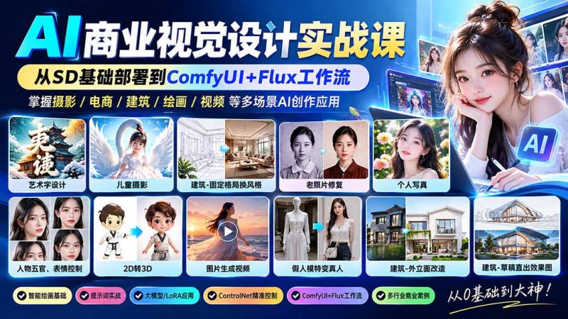 【无水印】AI商业视觉设计实战课:从SD基础部署到ComfyUI+Flux工作流,掌握摄影电商建筑AI创作-初遇资源网
