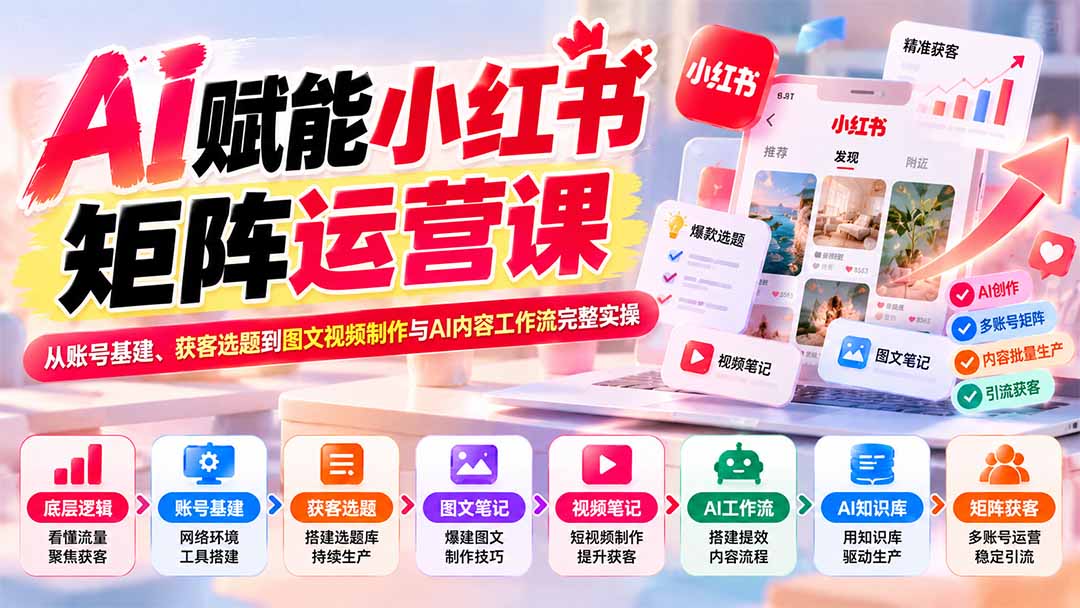 AI赋能小红书矩阵运营课：从账号基建、获客选题到图文视频制作与AI内容工作流完整实操 - 中创网