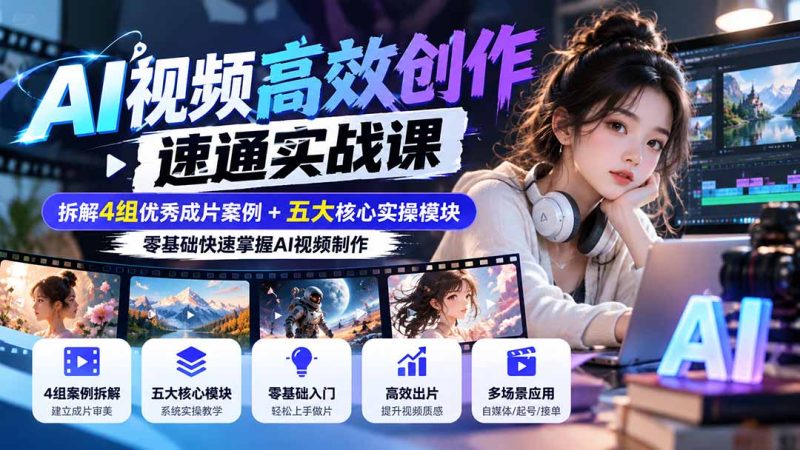 【无水印】AI视频高效创作速通实战课:拆解4组优秀成片案例+五大核心实操模块,零基础快速掌握AI视频制作-初遇资源网