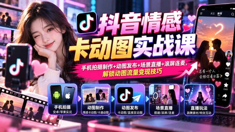 抖音情感卡动图实战课:手机拍摄制作+动图发布+场景直播+滚屏连麦,解锁动图流量变现技巧-初遇资源网