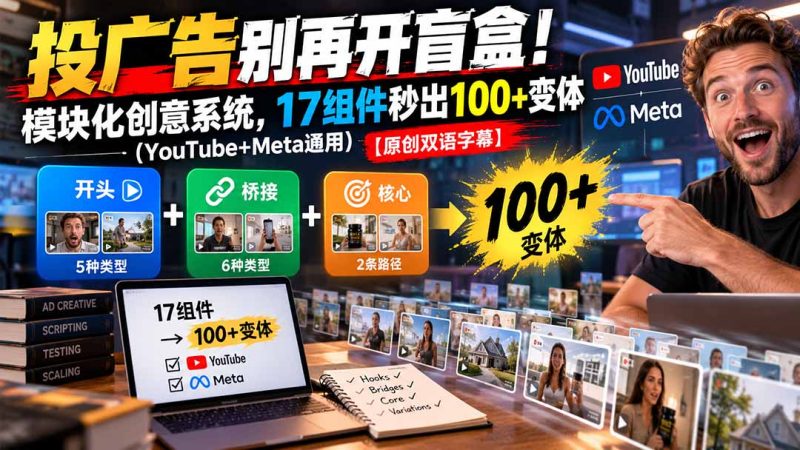 投广告别再开盲盒!模块化创意系统,17组件秒出100+变体(YouTube+Meta通用)【原创双语字幕】-初遇资源网