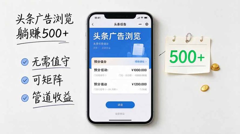 头条广告浏览躺赚500+无需值守，可矩阵并附有管道收益-初遇资源网