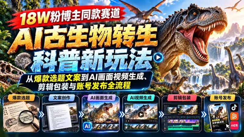 18W粉博主同款赛道-AI古生物转生科普新玩法:从爆款选题文案到AI画面视频生成、剪辑包装与账号发布全流程-初遇资源网