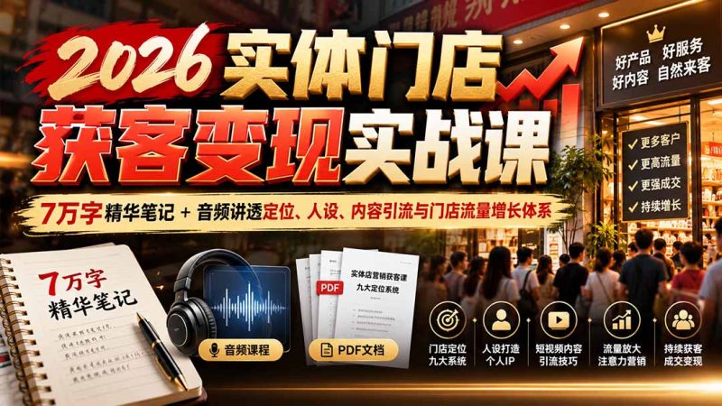 2026实体门店获客变现实战课：7万字精华笔记+音频讲透定位、人设、内容引流与门店流量增长体系-初遇资源网