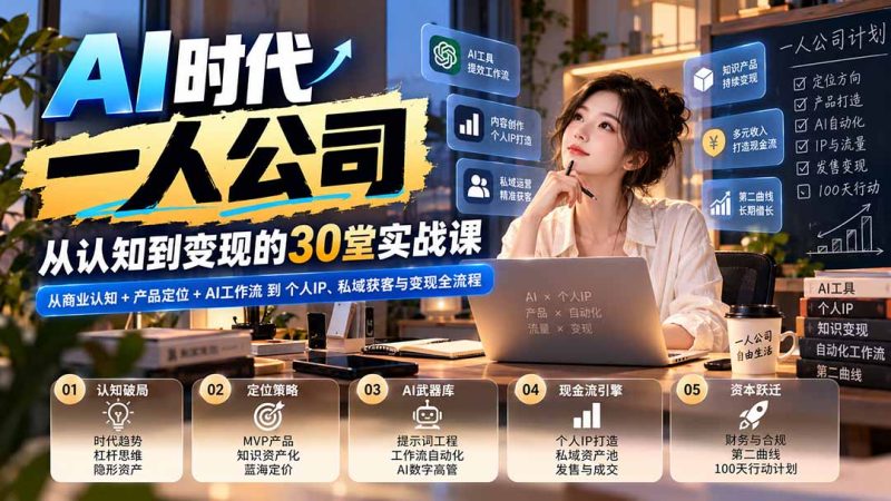 【无水印】AI时代一人公司30堂实战课:从商业认知+产品定位+AI工作流到个人IP、私域获客与变现全流程-初遇资源网