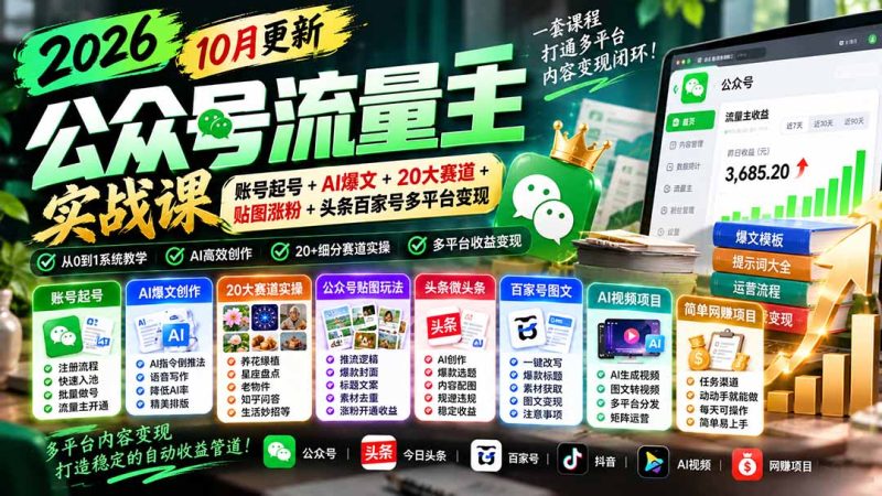 2026公众号流量主实战课-10月更新:账号起号+AI爆文+20大赛道+贴图涨粉+头条百家号多平台变现-初遇资源网