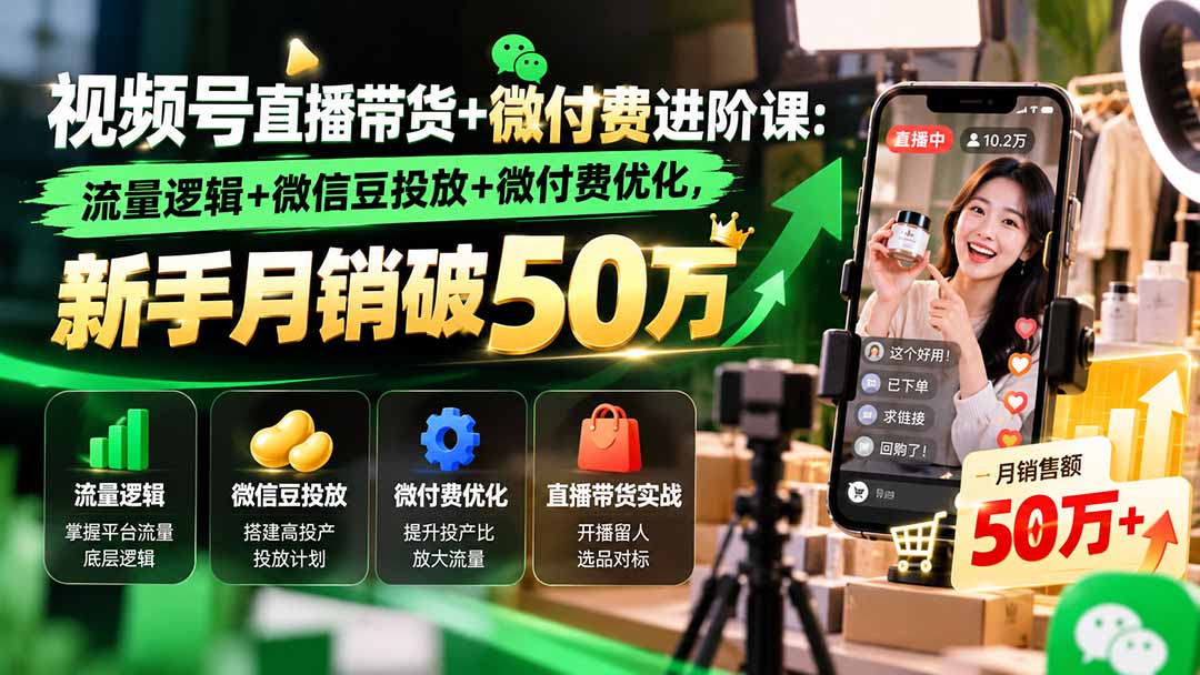 视频号直播带货+微付费进阶课-更新1010：流量逻辑+微信豆投放+微付费优化，新手月销破50万 - 中创网