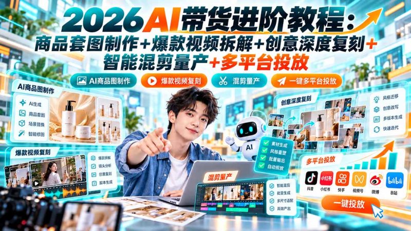 2026AI带货进阶教程：商品套图制作+爆款视频拆解+创意深度复刻+智能混剪量产+多平台投放-初遇资源网